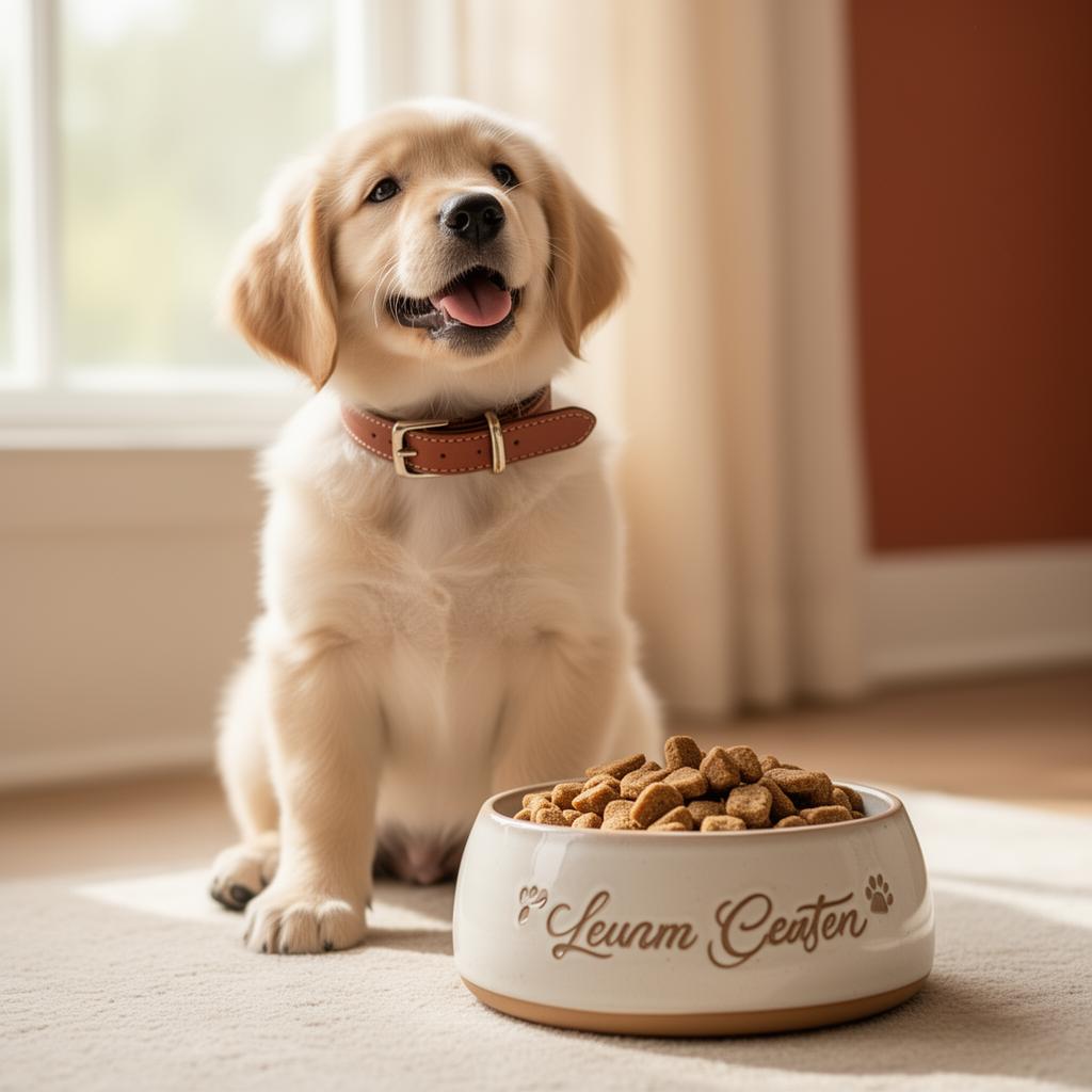 Happy golden retriever puppy with premium leather collar and ceramic bowl